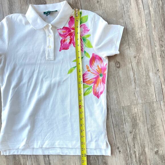 VTG LAUREN Ralph Lauren Women White Collared Polo Pink Green Floral Preppy Small - Picture 6 of 7
